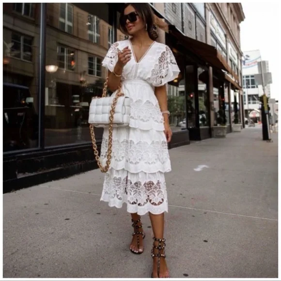 NWOT Farm Rio Off White Richelier MIDI Tiered Dress Eyelet Embroidery size XS - Picture 8 of 12